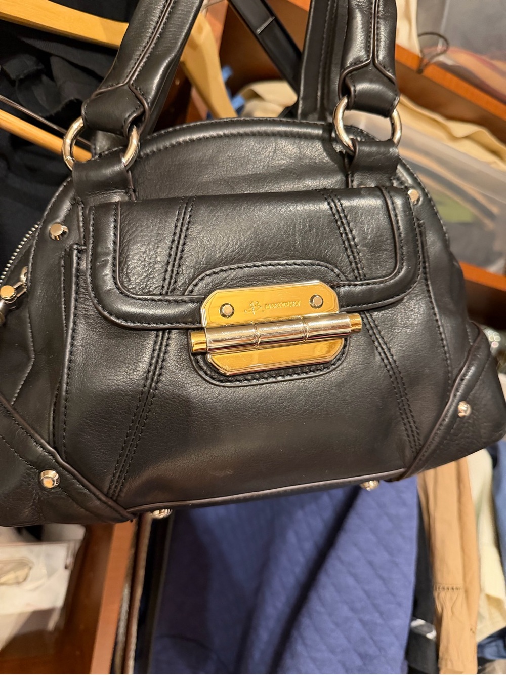 b. makowsky Black Leather Shoulder Bag with Gold Hardware